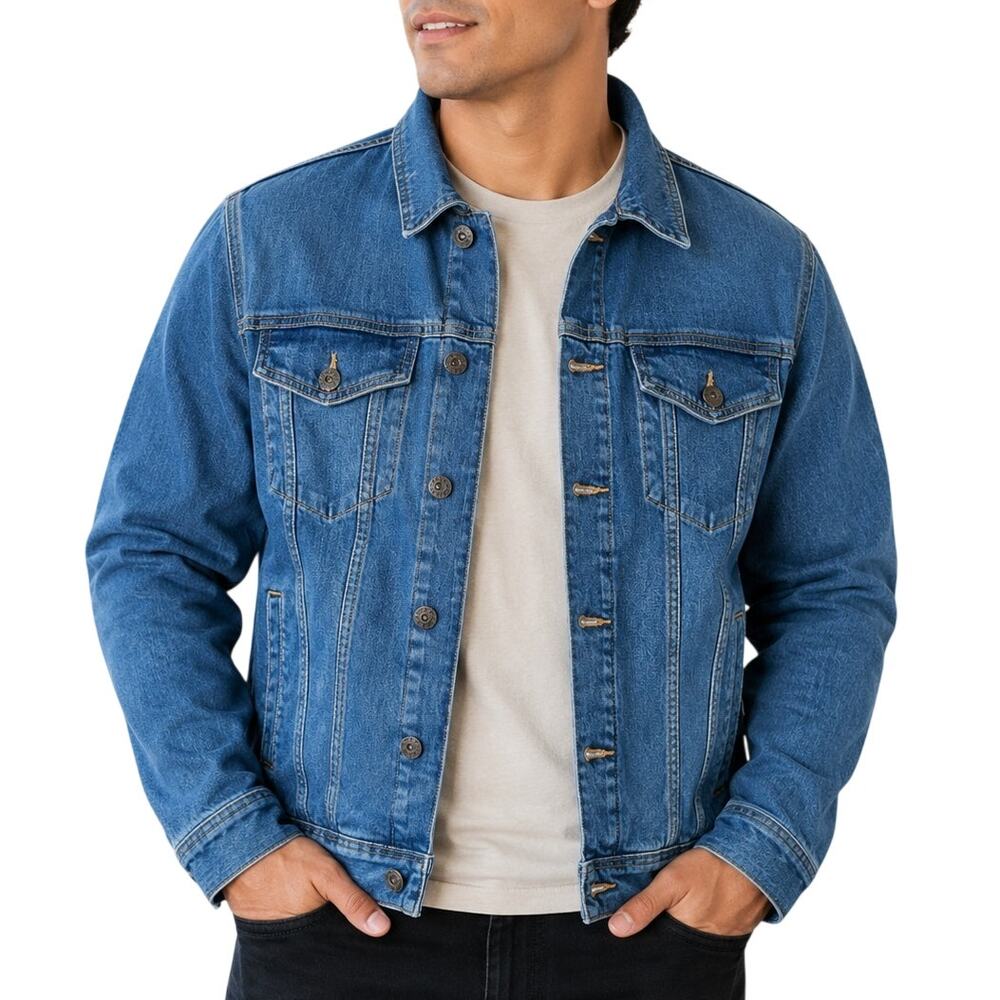 Mutual Weave Denim Trucker Jacket Blue Stretch Workwear Streetwear L NWT